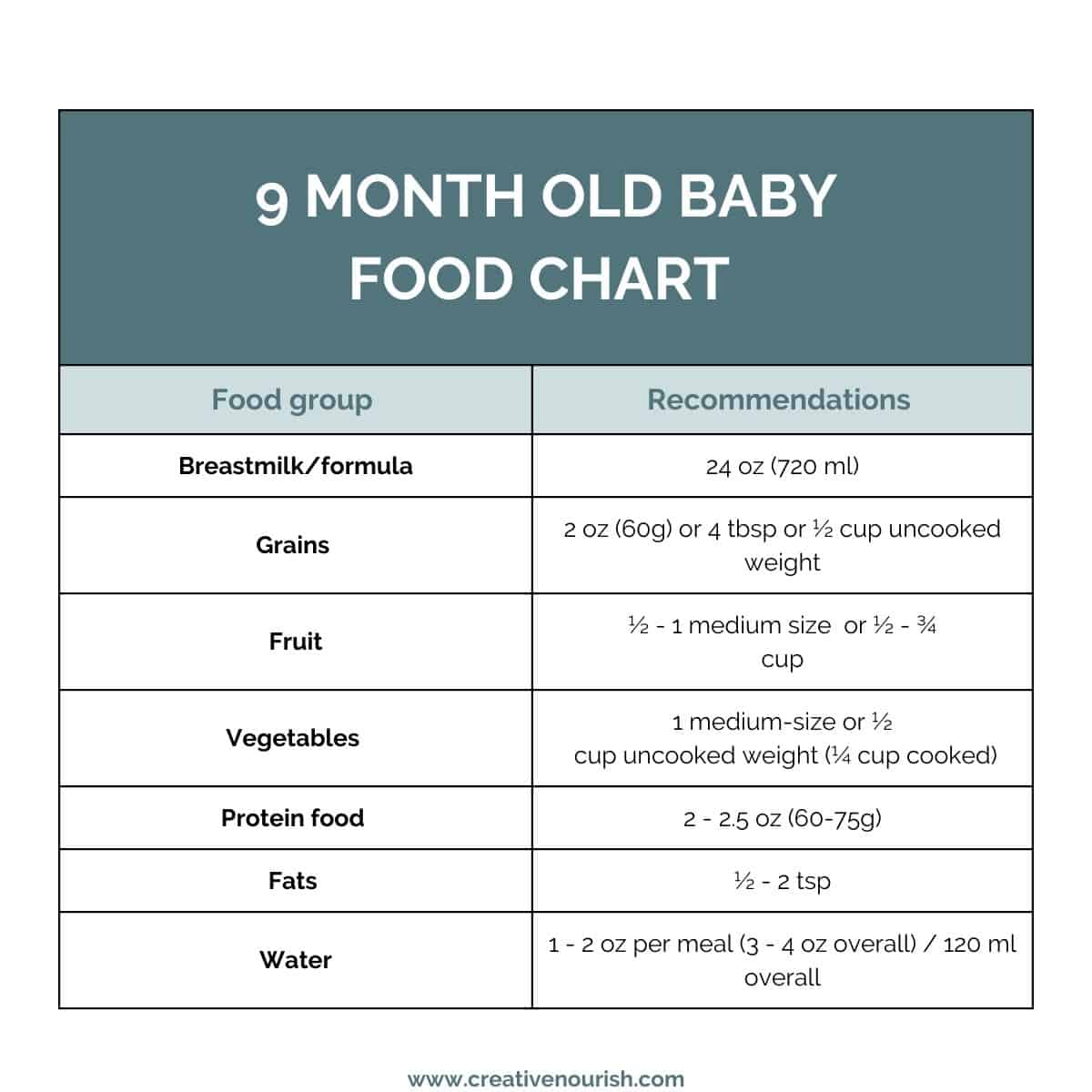 9 Month Baby Food Chart In