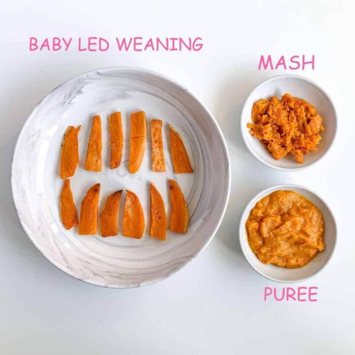 3 versions of how to serve baked sweet potato for baby - baby-led weaning, puree or maashed.