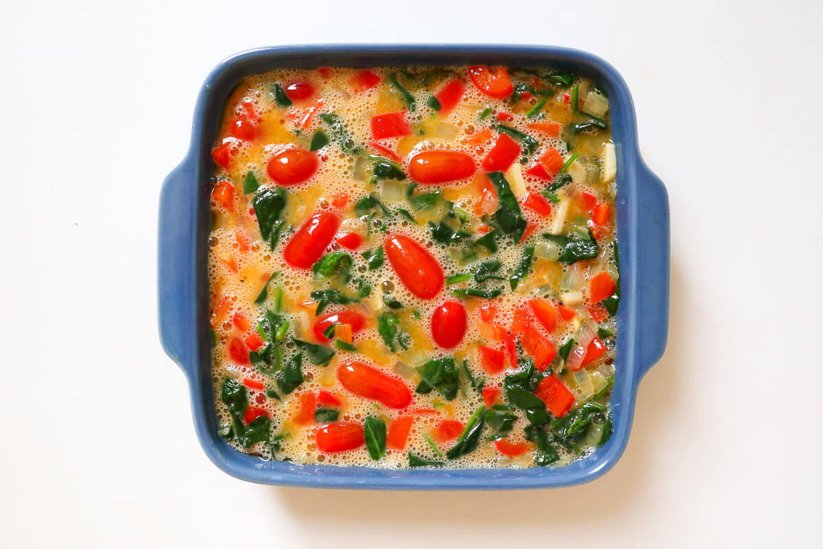Dairy free frittata in a blue baking dish
