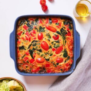 Dairy free frittata in blue baking dish
