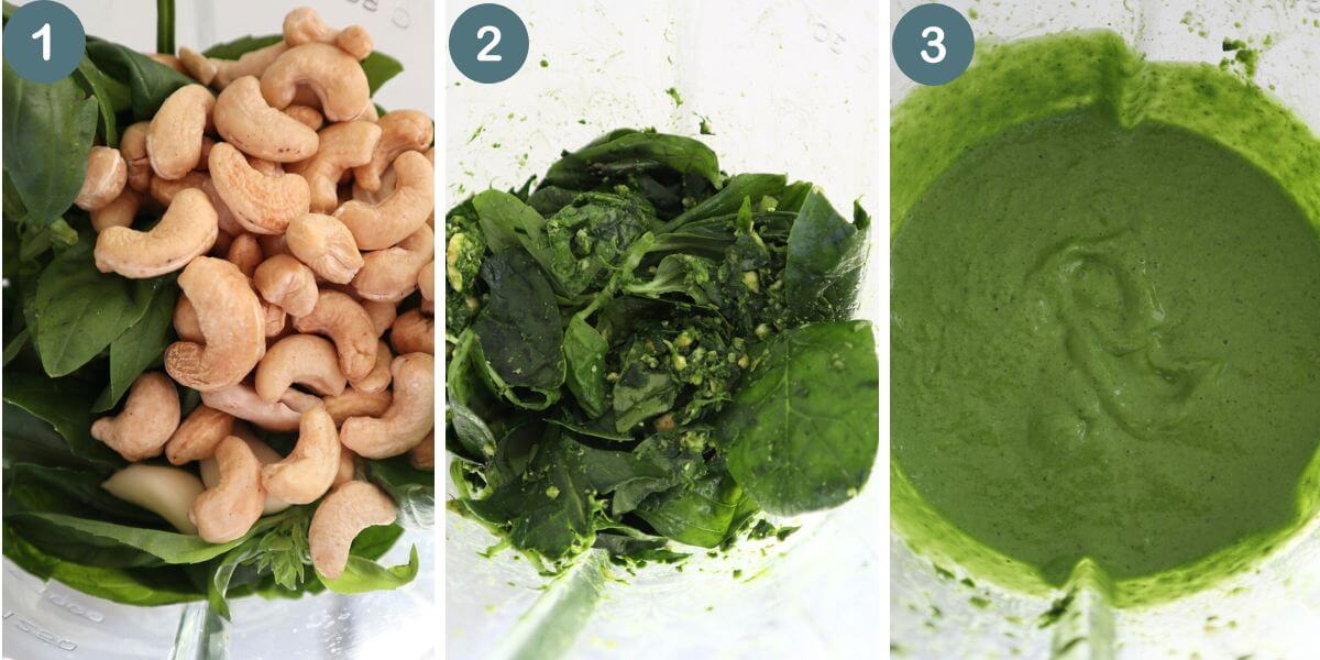 3 images shoiwng how to make the pesto