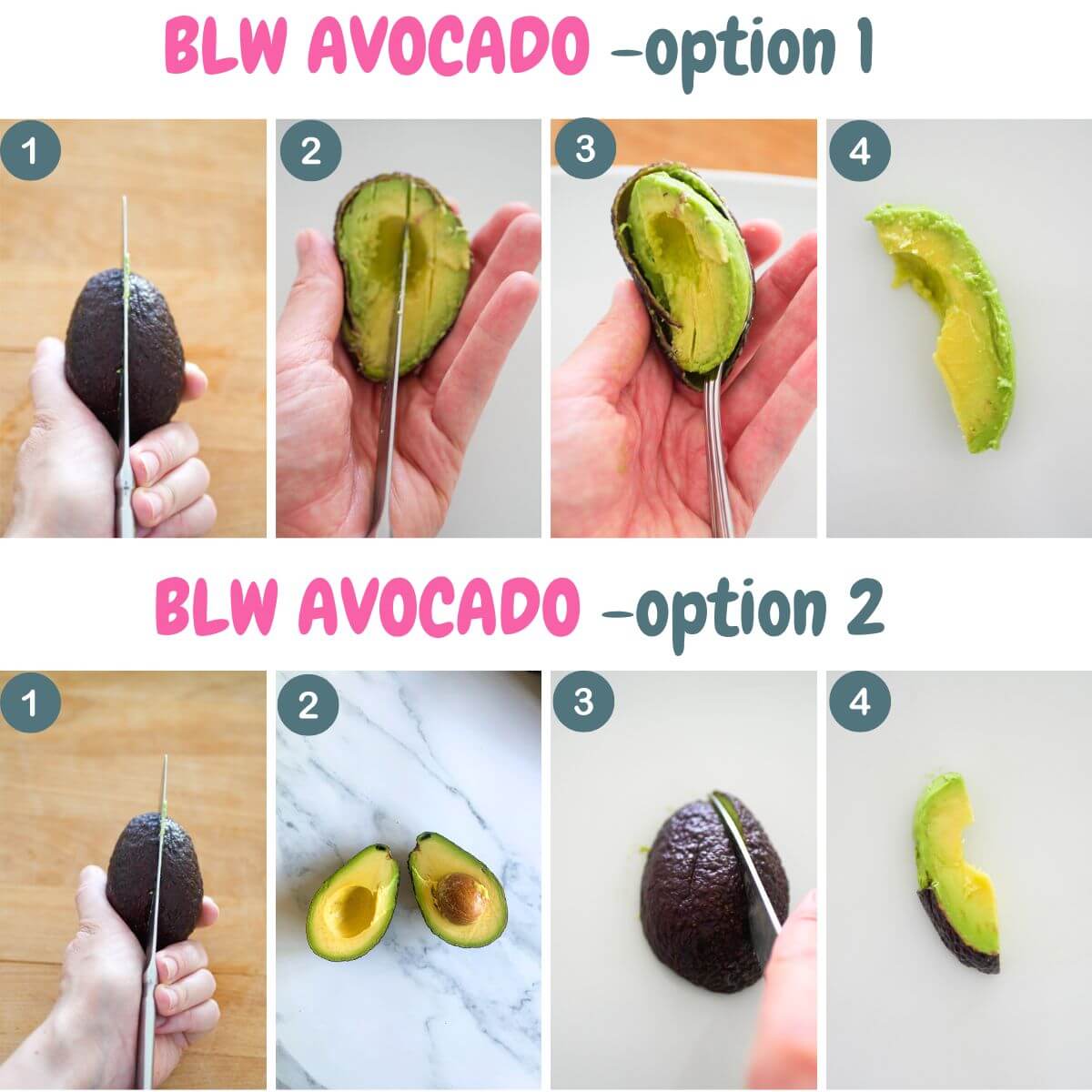 collage of 2 sets of step by step photos showing how to serve avocado blw style in two ways