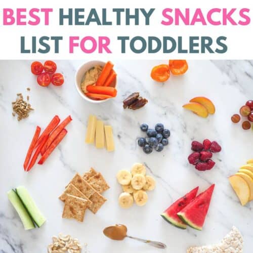 Healthy snacks for toddlers scattered around a marble background