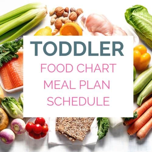 title image - toddler food chart, meal plan and schedule on a background of fresh produce
