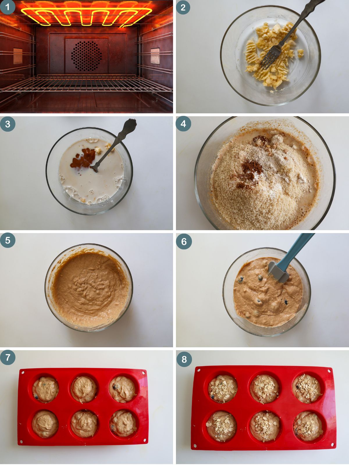Collage of 8 images showing the steps of how to make the recipe.