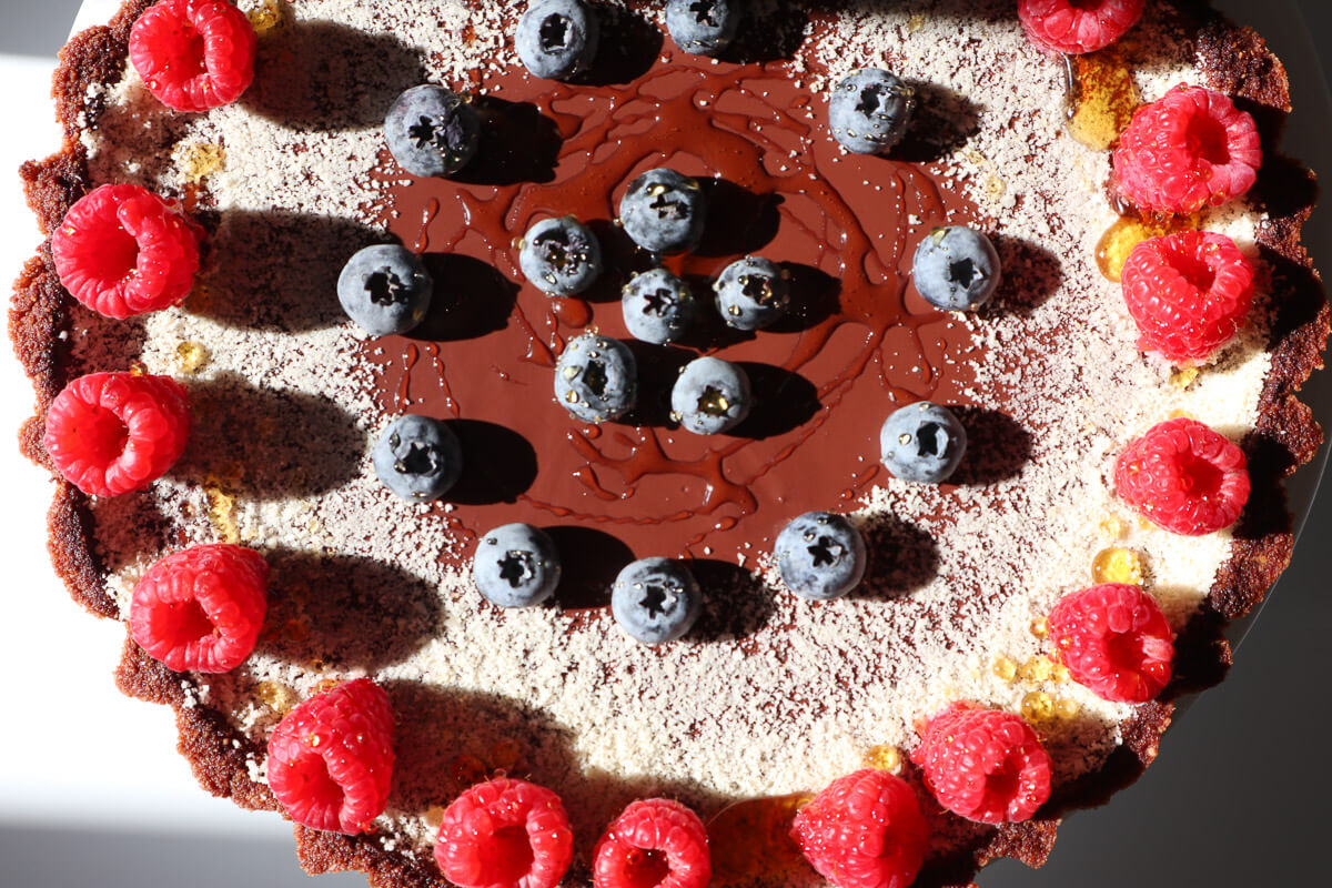 Berries on top of the chocolate cake