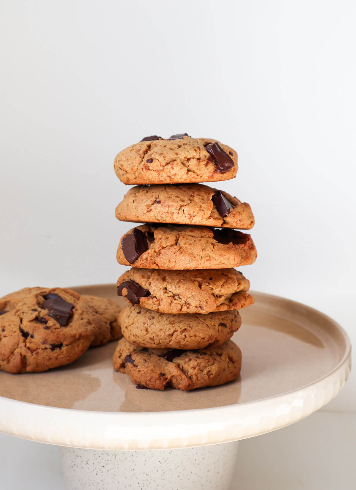 Stack of dairy free chocolate chip cookies with no butter