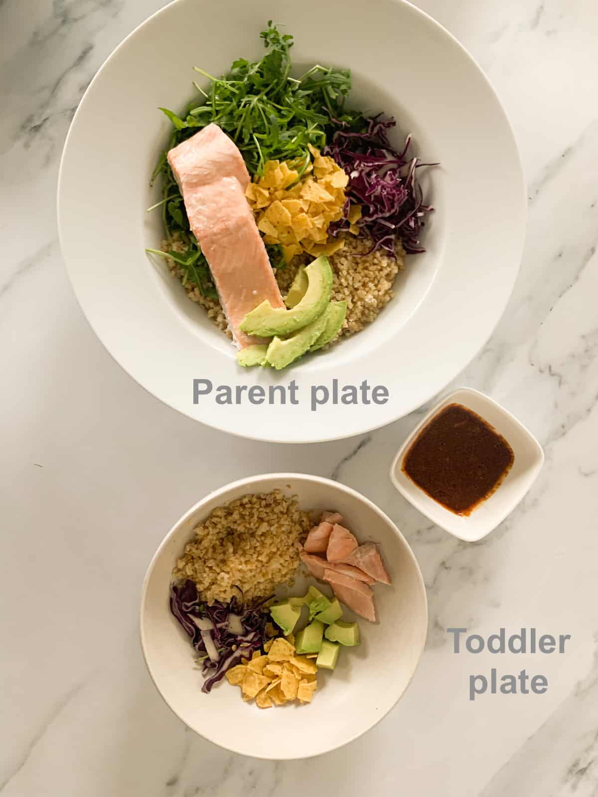 photo of parent plate and dressing on the side and a toddler plate