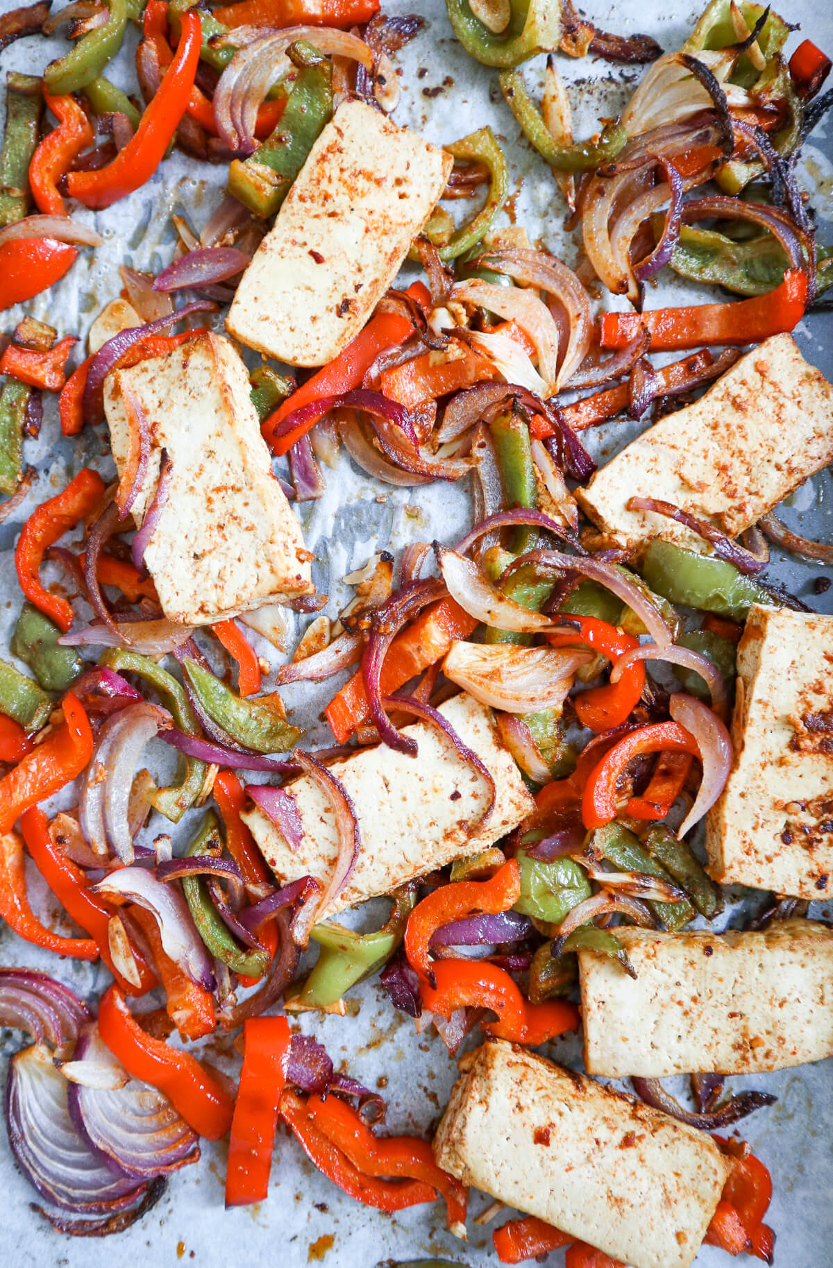 Roasted tofu, onions and peppers fajitas