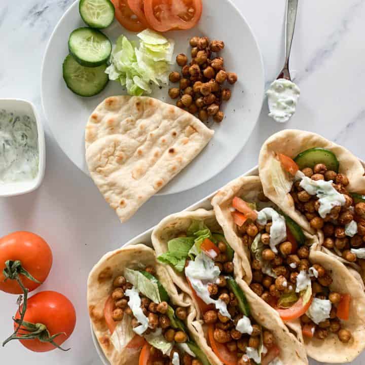 Vegetarian Crispy Roasted Chickpea Gyros with toddler plate