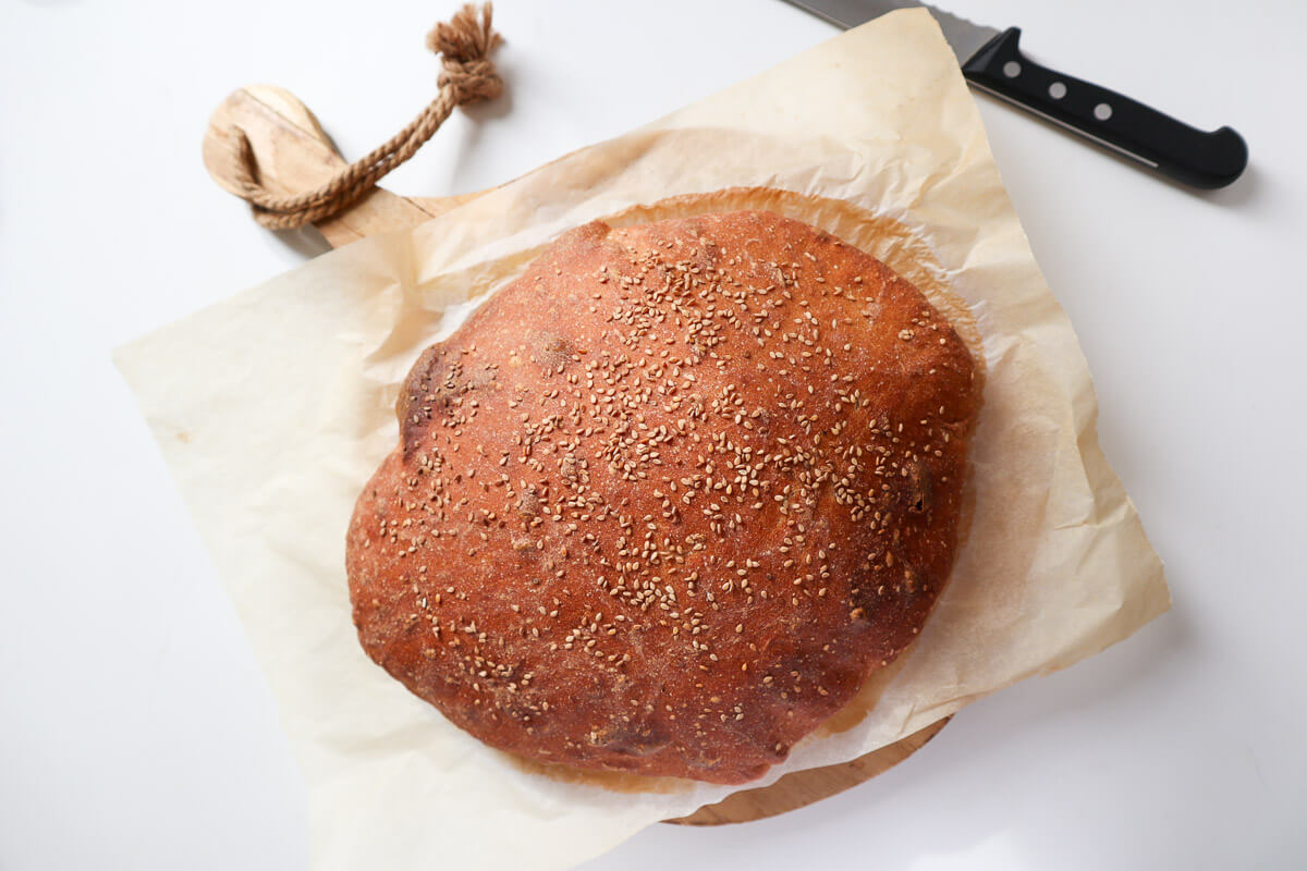 Baked bread on parchment bread.