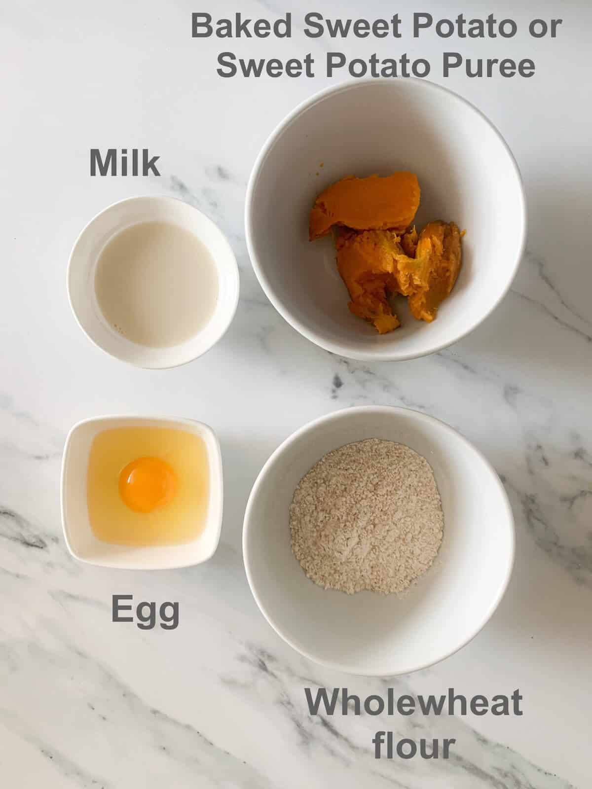ingredients - egg, wholewheat flour, milk, sweet potato puree or baked sweet potato 