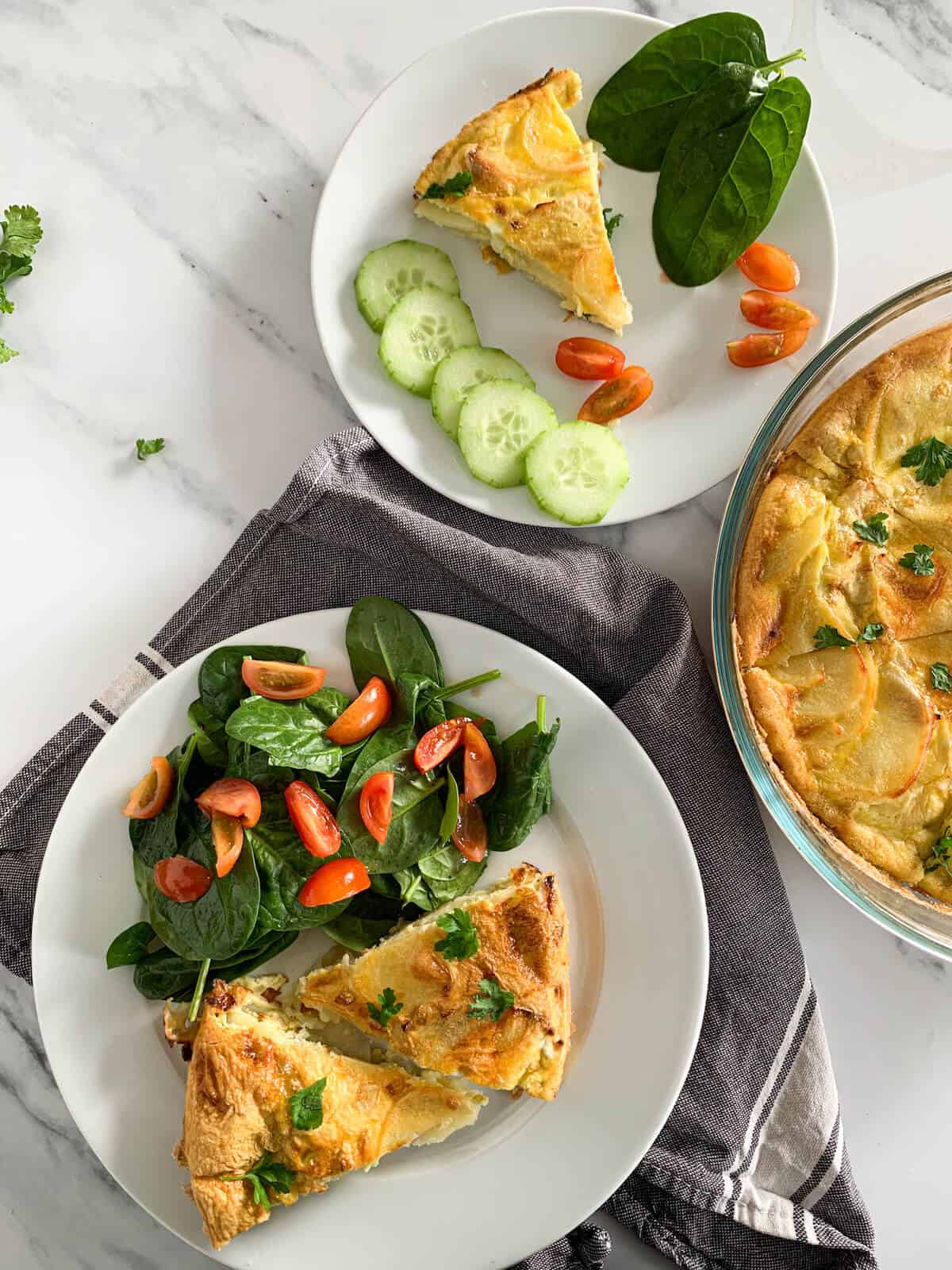 Spanish tortilla - toddler plate and parent plate with salad 