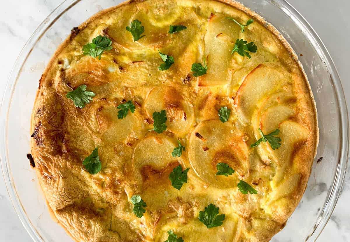 Oven Baked Spanish Tortilla in glass dish