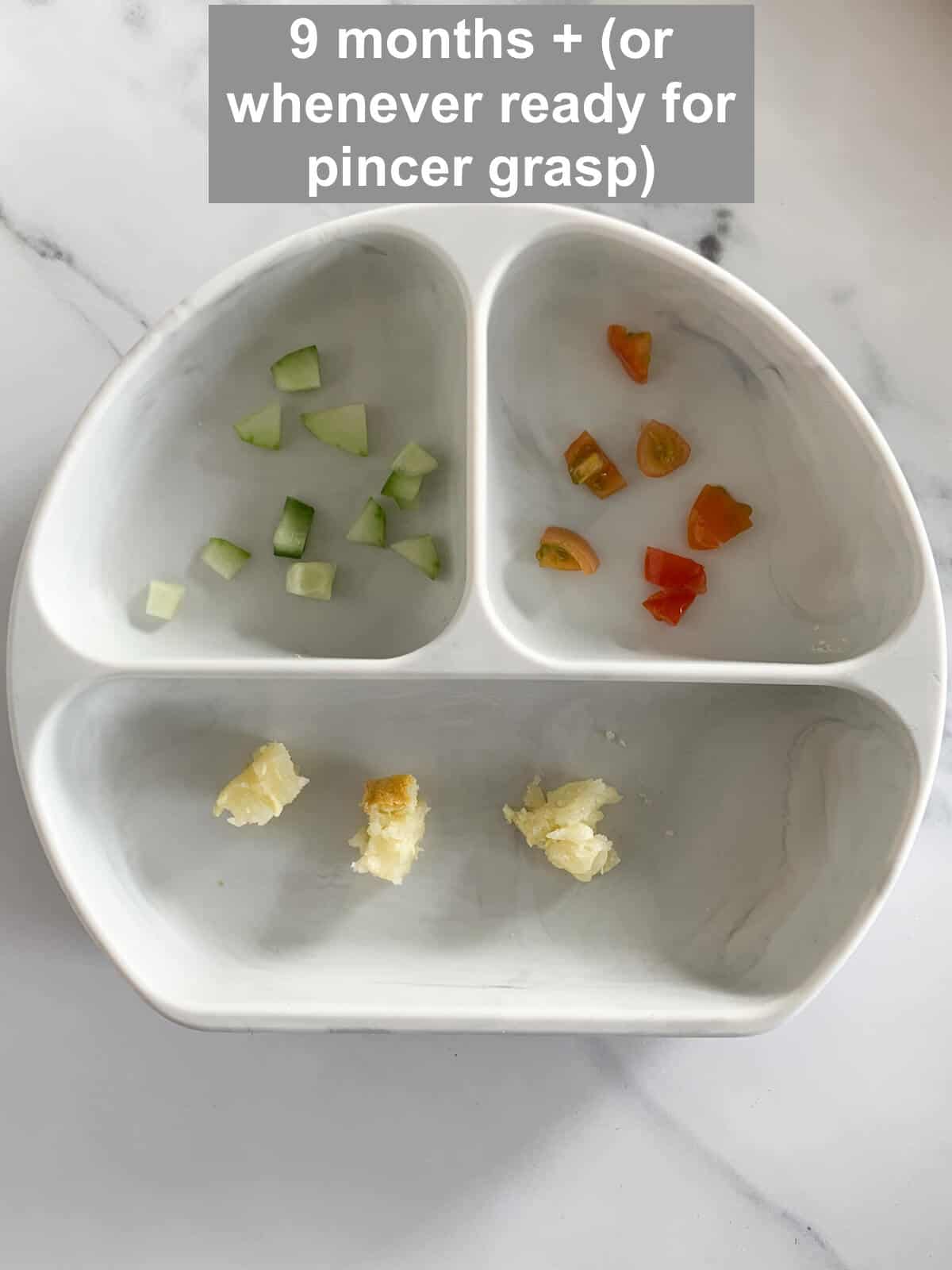 how to serve for pincer grasp with cut up cucumbers, tomatoes and the oven-baked Spanish tortilla 