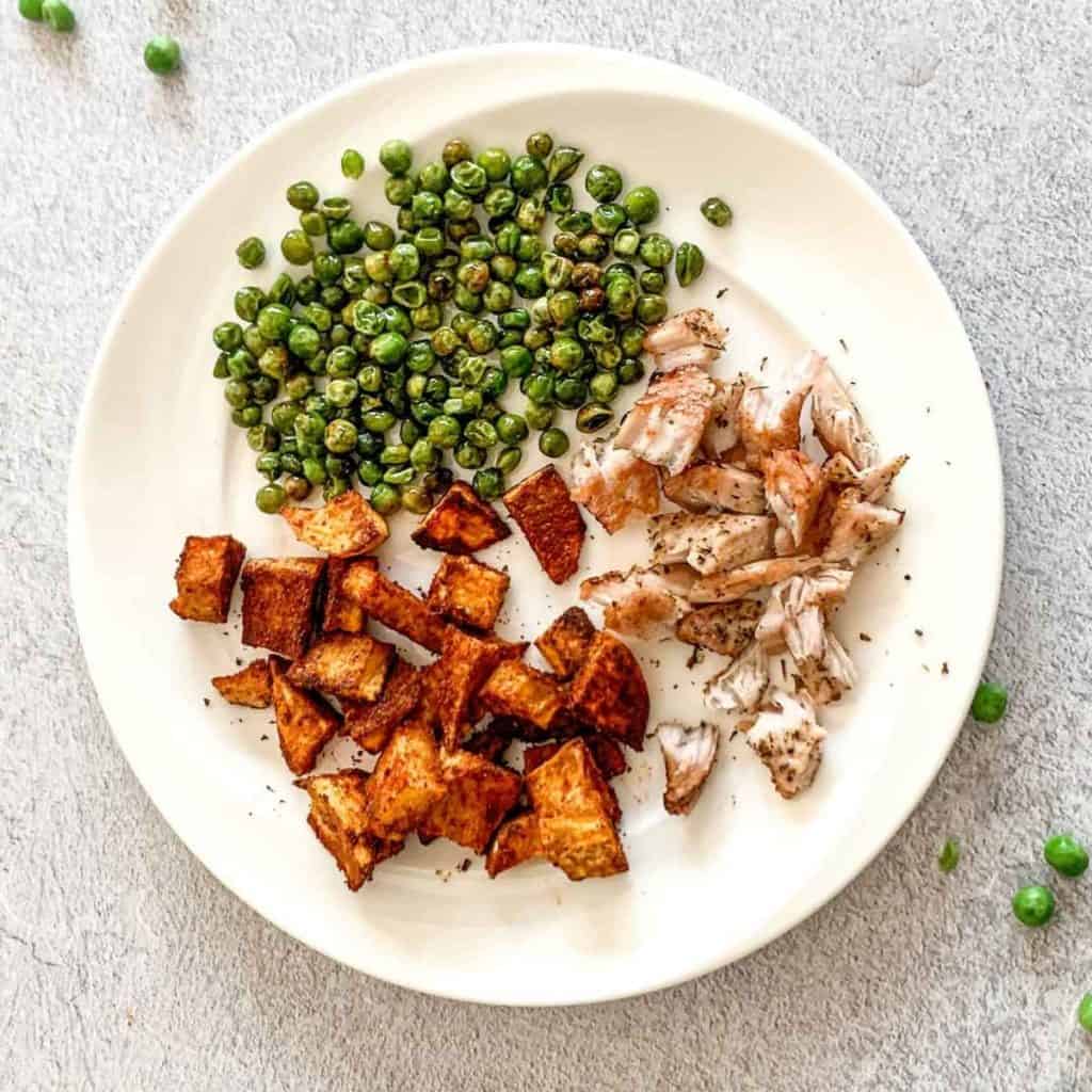 toddler plate with peas, turkey and sweet potato