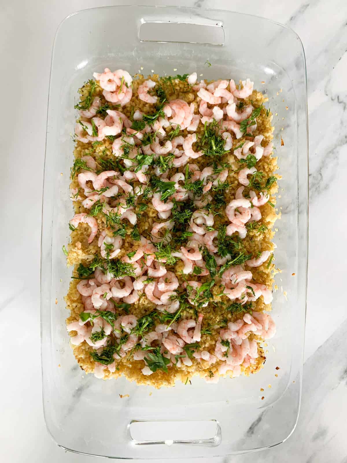 shrimp risotto in glass baking tray 