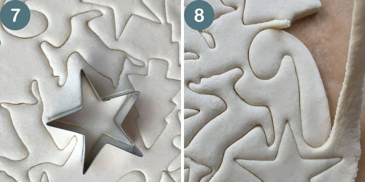 collage of two photos showing step 7 (cutting the dough with cookie cutters) and step 8 (removing the remained of the dough around the cookies). 