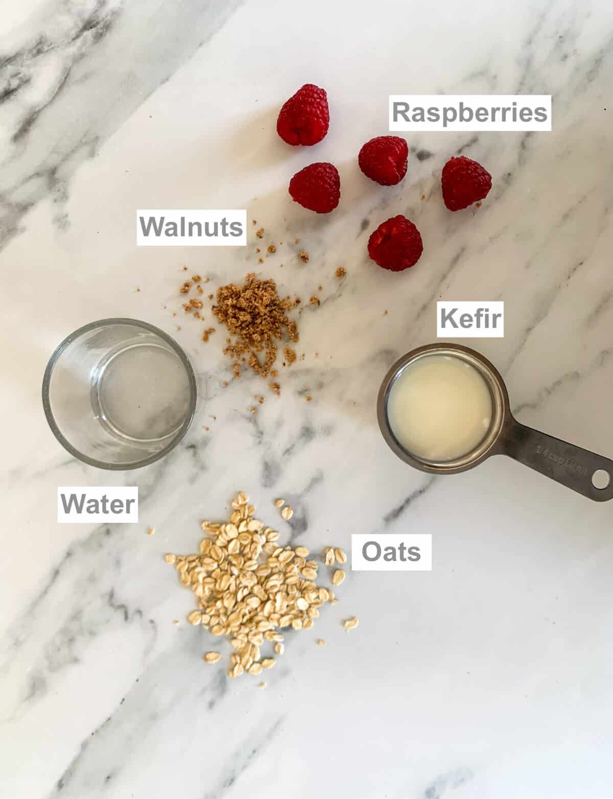 ingredients: raspberries, walnuts, kefir, water, oats