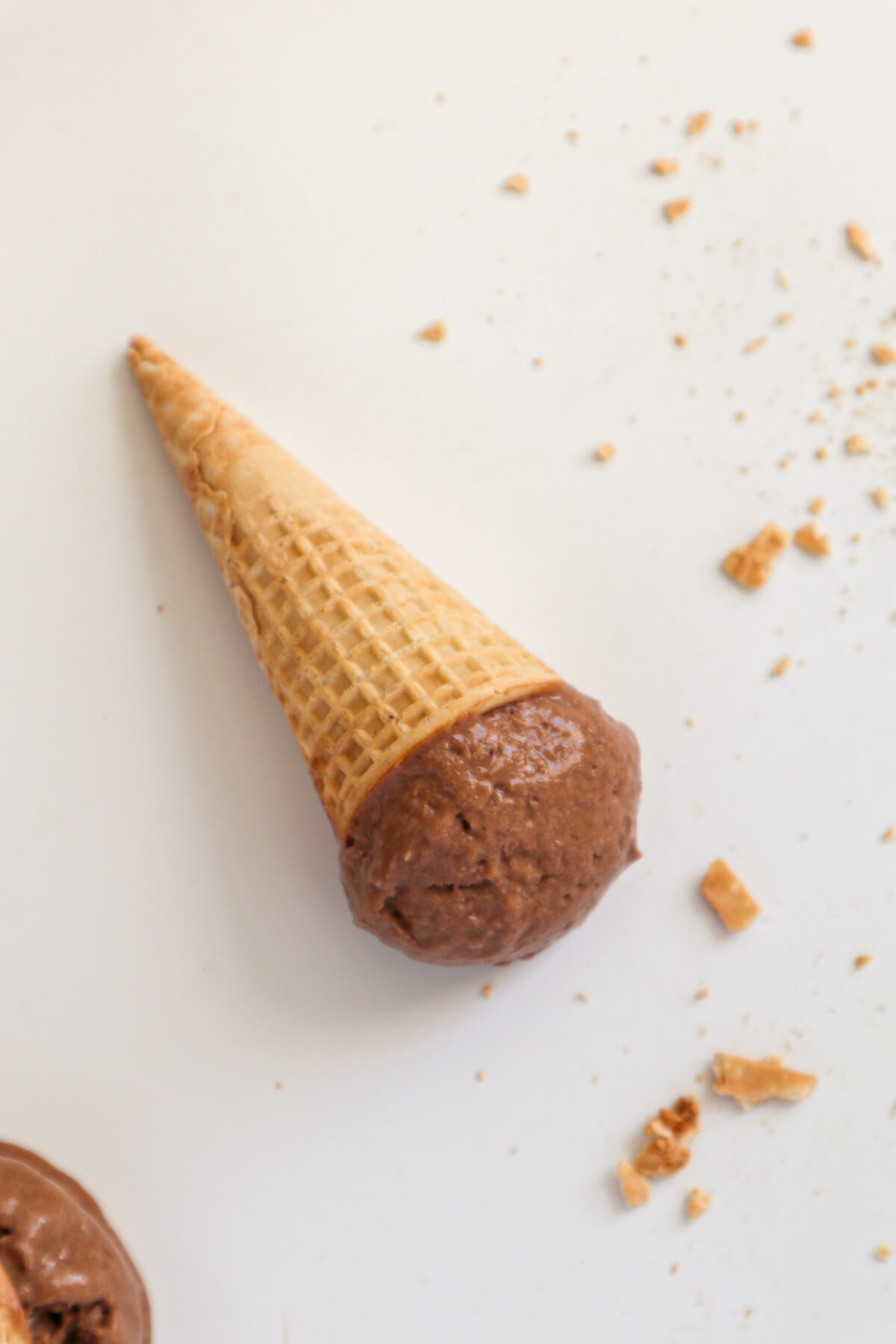 chocolate ice cream in a cone on a white background.