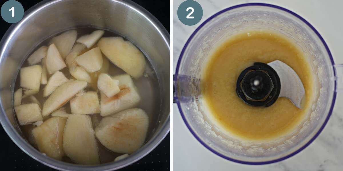 collage of photos showing the process of making homemade applesauce 