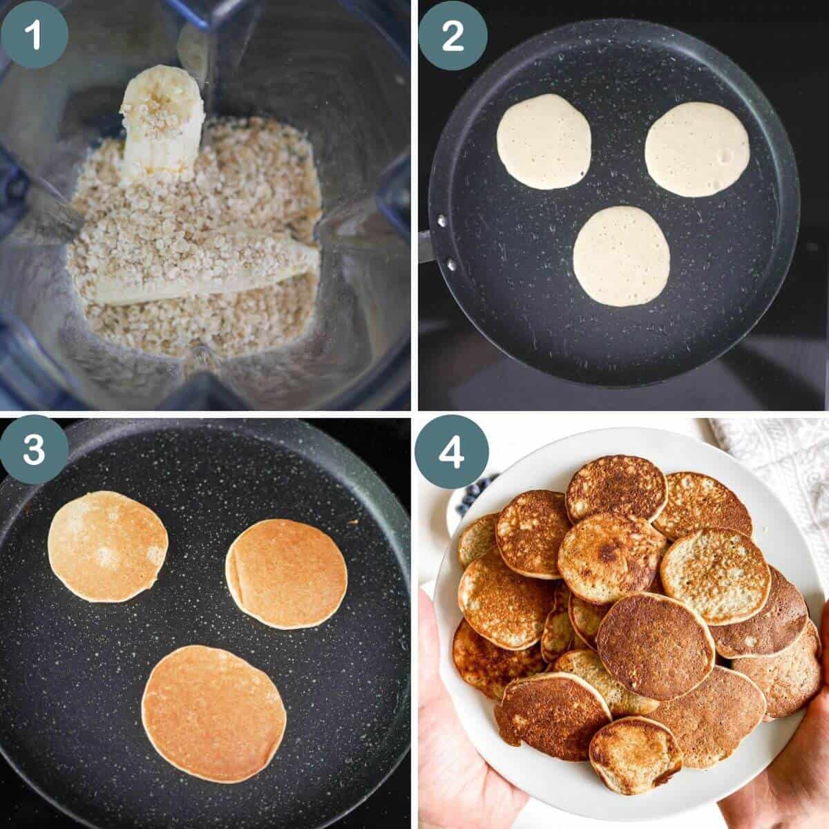 collage of step by step instructions on how to make oat banana pancakes for baby
