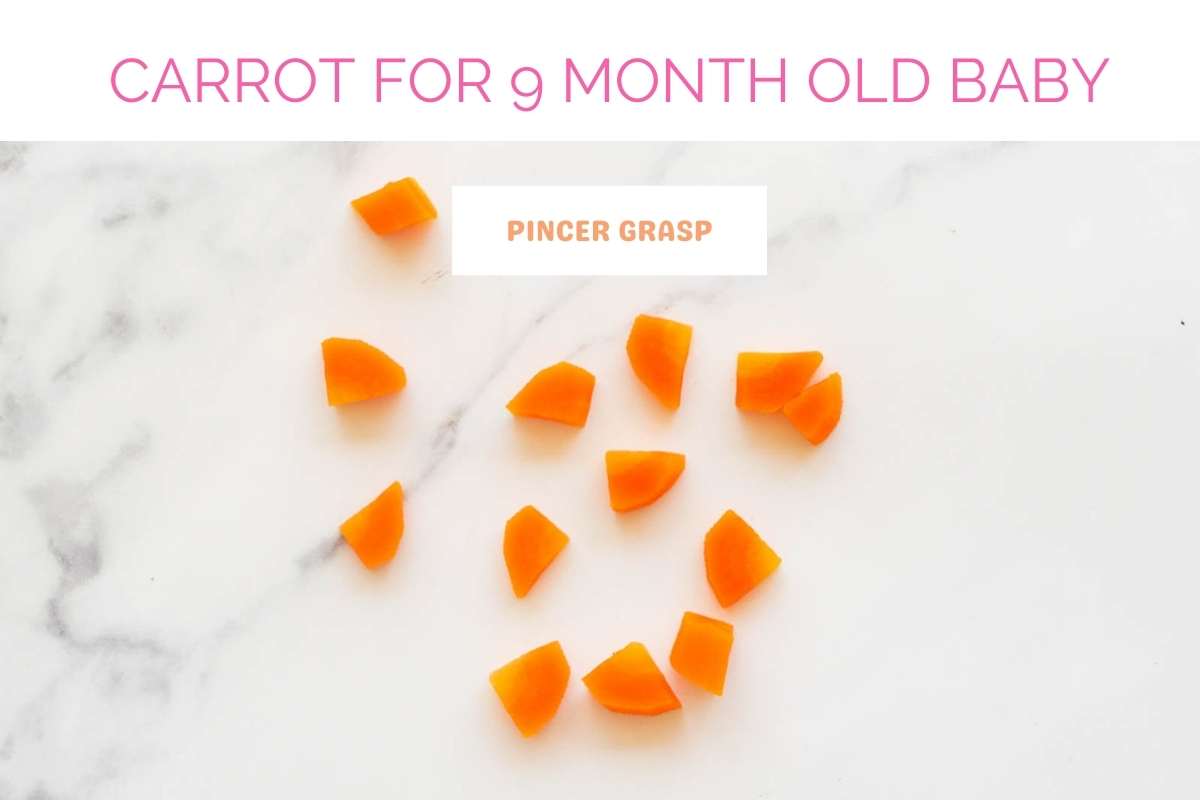 carrot cut up into tiny pieces for 9 month old baby to use pincer grasp