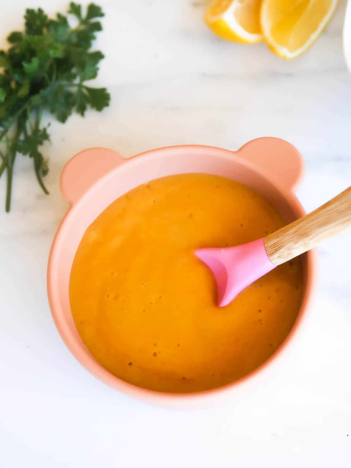 soup in baby bowl with spoon dipped in 