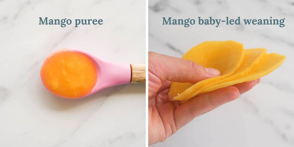 collage of 2 images - how to serve mango puree on a spoon and how to serve mango for baby-led weaning 