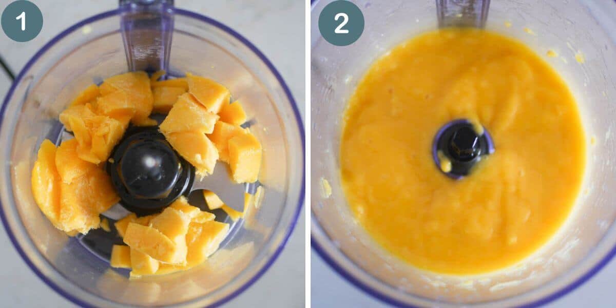 how to make mango puree for baby from frozen mango collage of steps