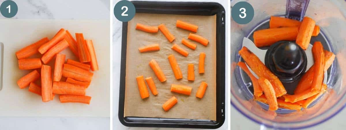 collage of the 3 steps on how to make carrot puree for baby by roasting carrots 