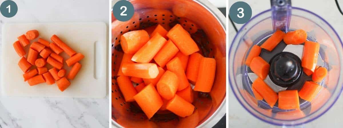 collage of the 3 steps on how to make carrot puree for baby with steaming carrots 