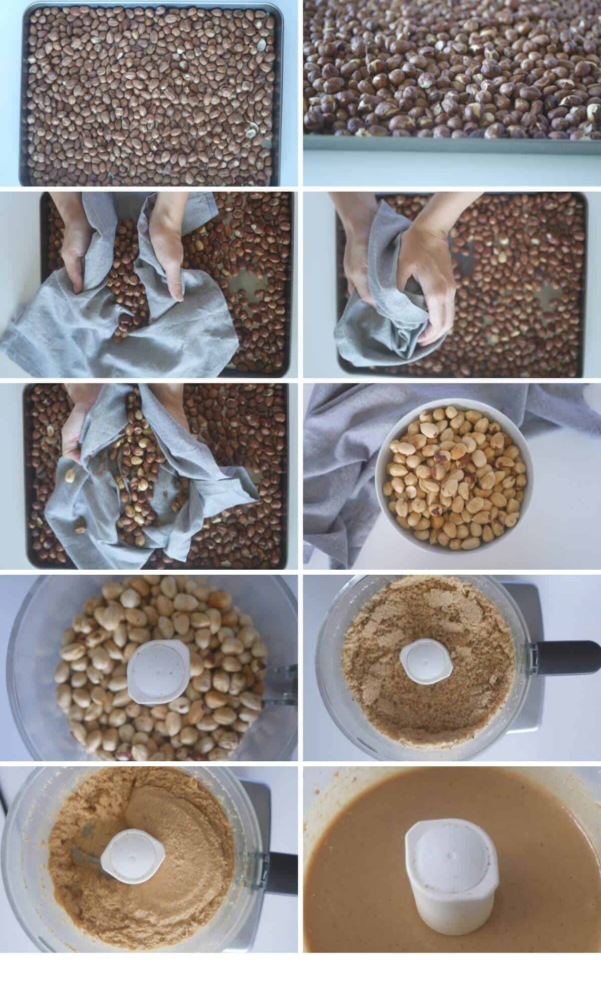 collage of images showing step by step how to make hazelnut butter 