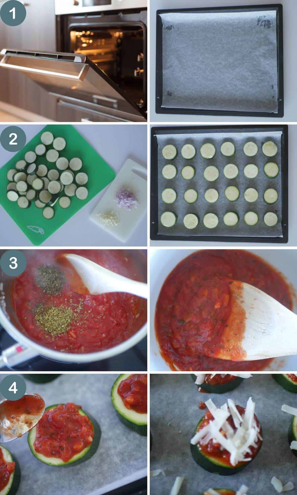 step by step collage of shots of how to make mini zucchini pizza bites 