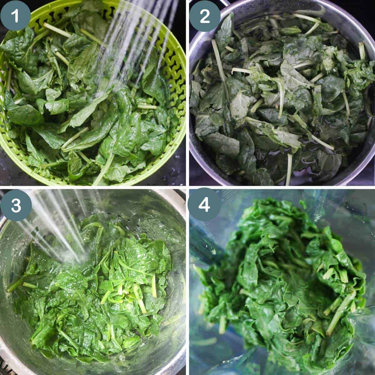 collage of 4 photos showing step by step how to make spinach puree by boiling spinach 