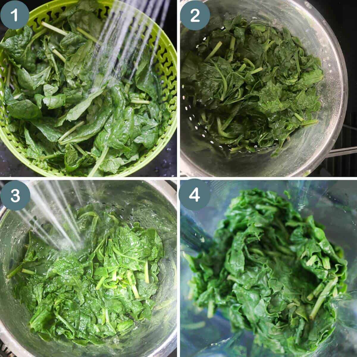collage of 4 photos showing step by step how to make spinach puree by steaming spinach 