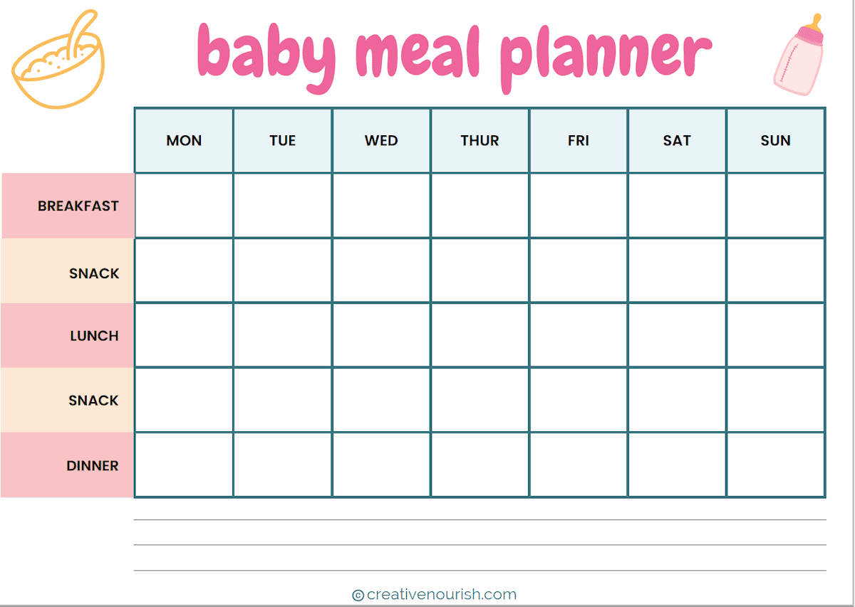 Free printable meal planner for baby 6,7,8,9,10,11 and 12 months old