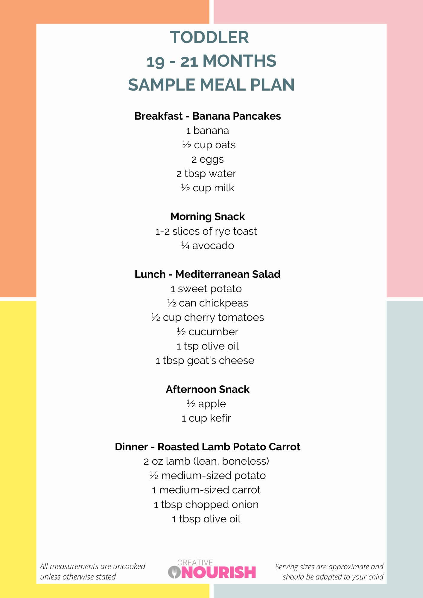 19-21 month old toddler meal plan sample with breakfast, snacks, lunch and dinner ideas