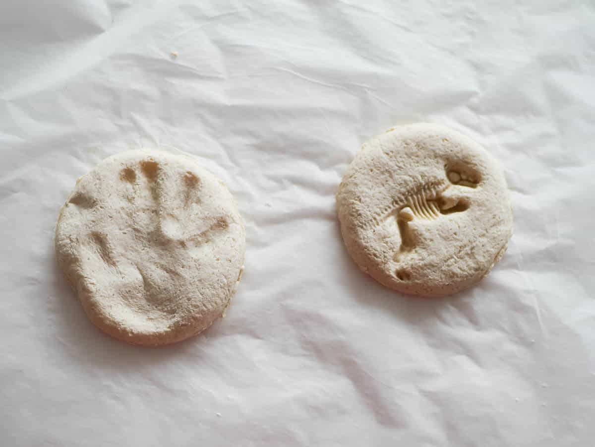 air dry salt dough for handprint and dinosaur fossil 