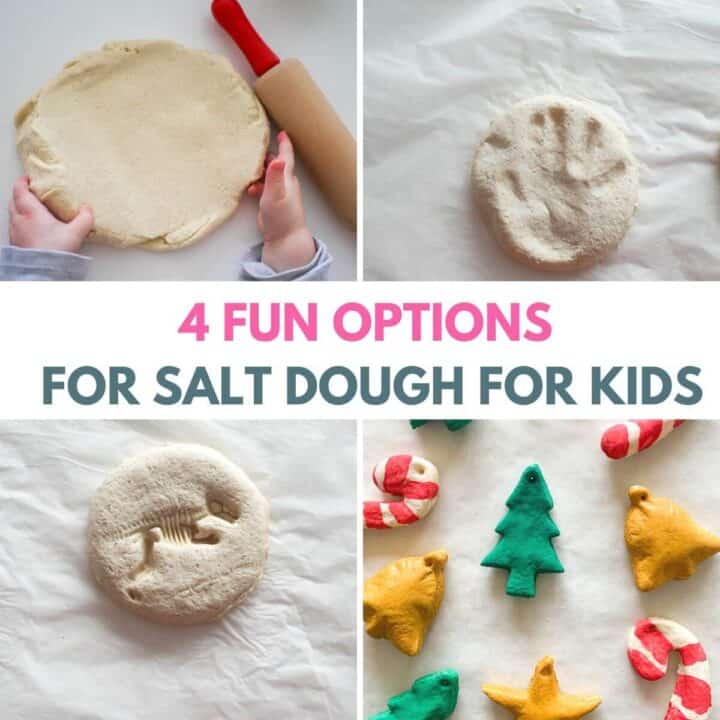 Collage of salt dough for kids - for play, chirstmas ornaments, dinosaur fossil and handprints