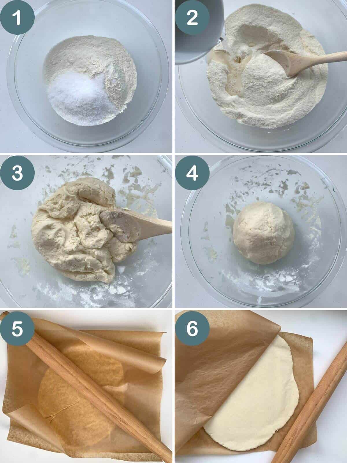 collage of first 6 steps on how to make salt dough 