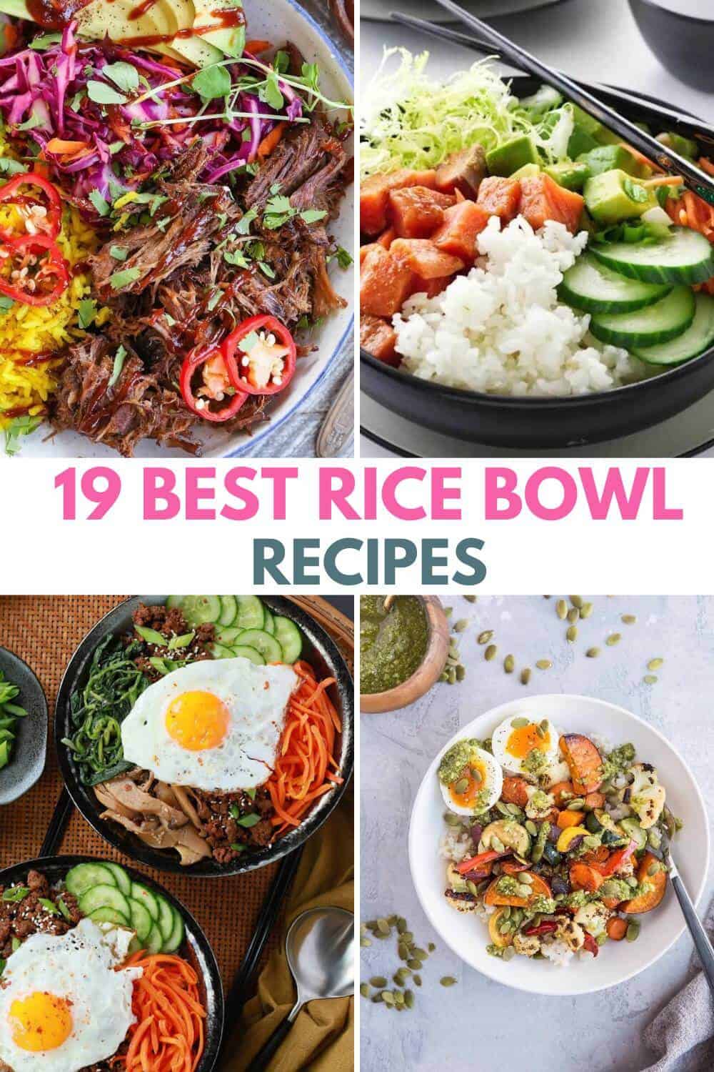 Collage of 4 rice bowls for the 19 best rice bowl recipes