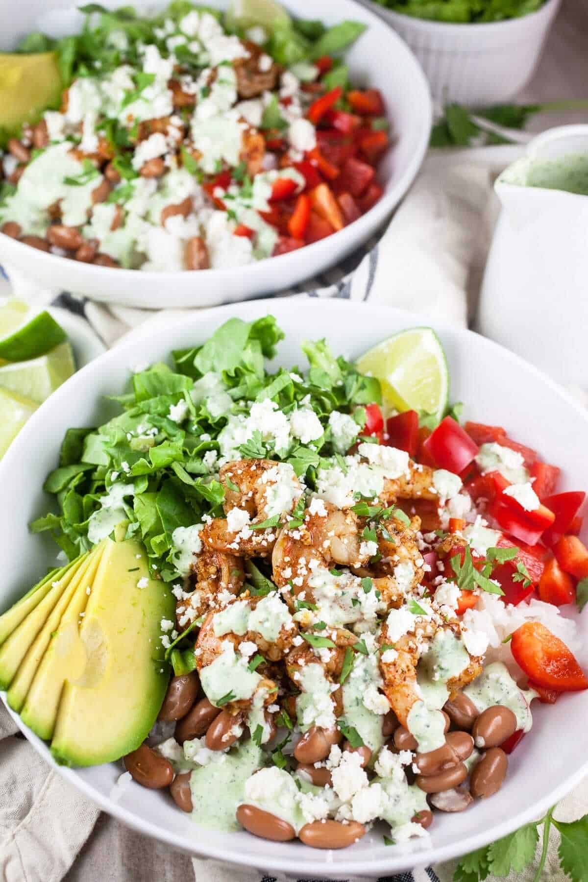 mexican shrimp rice bowl with avocado