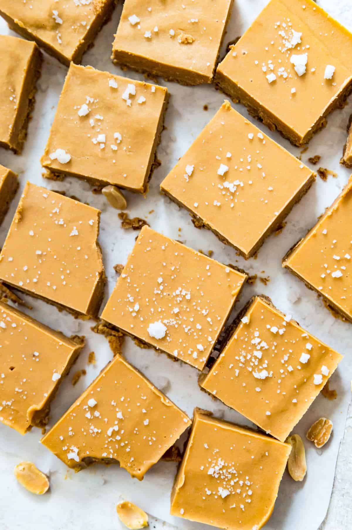 lots of peanut butter fudge squares top down sprinkled with salt 