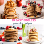 4 images showing eggless pancakes and title