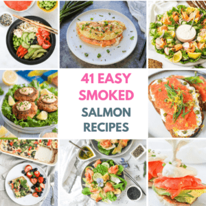 collage of images of 8 smoked salmon recipes with title in the middle