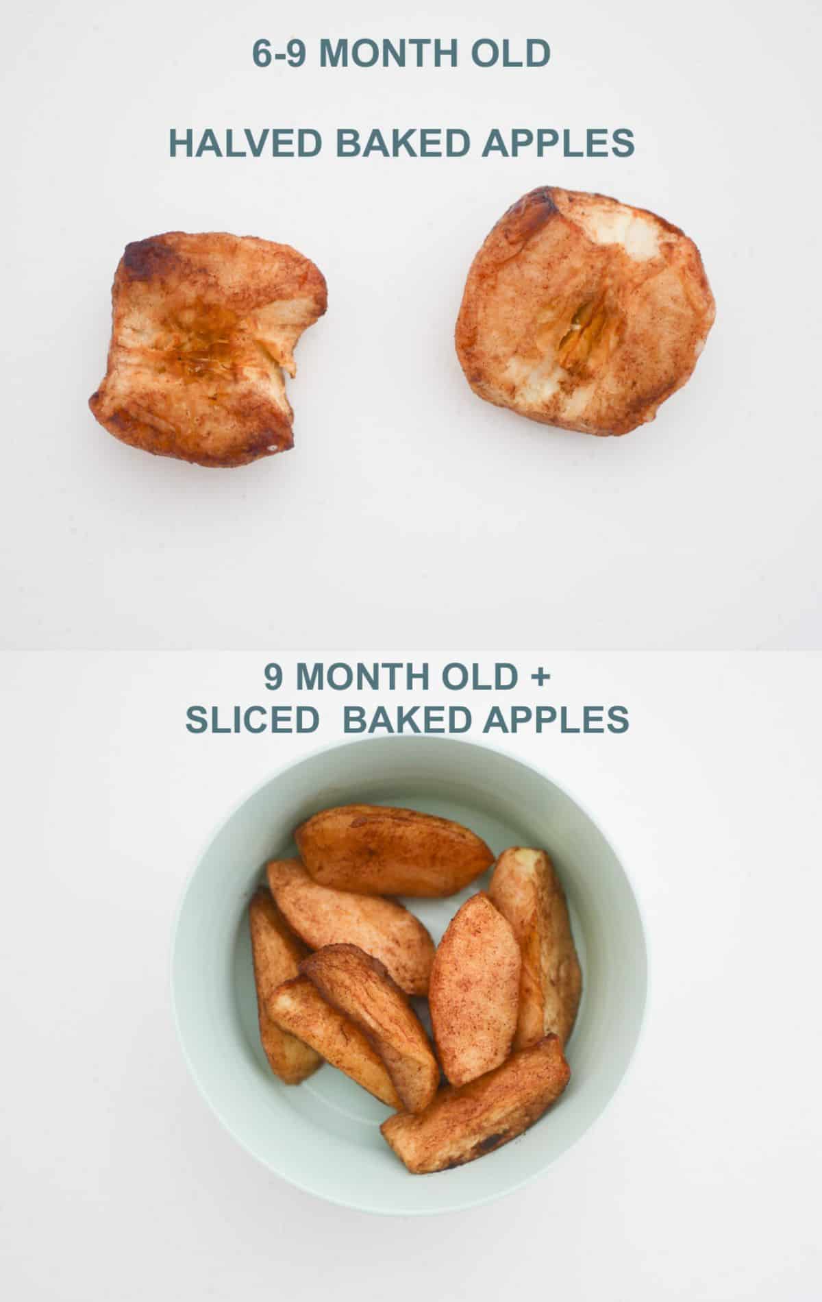 collages fo how baked apples should be served to a 6 -9 month old baby (halved) and for 9 month old baby + is sliced 