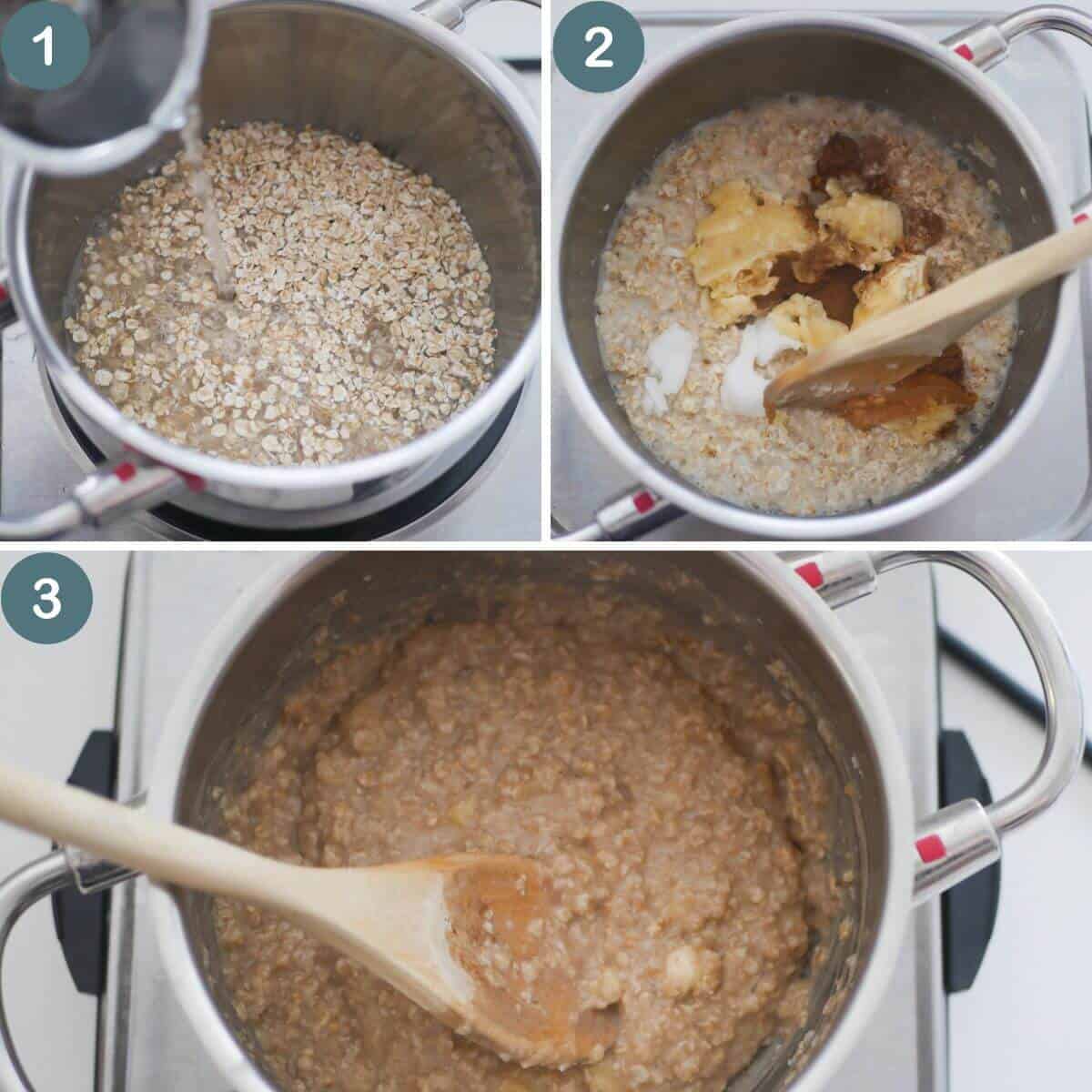 collage of step by step instructions on how to make easy baby oatmeal 