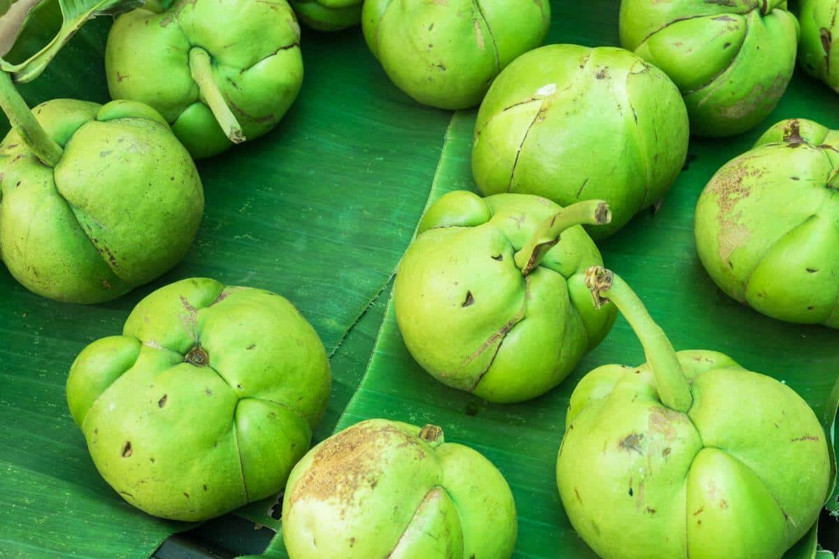 A bunch of elephant apples on a large green leaf