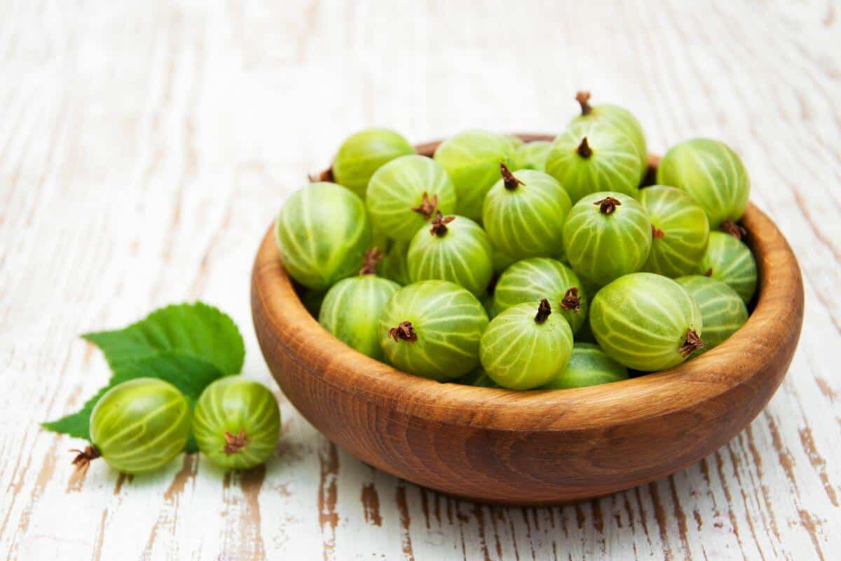 A wooden bowl of emblica fruit (also known as gooseberries)